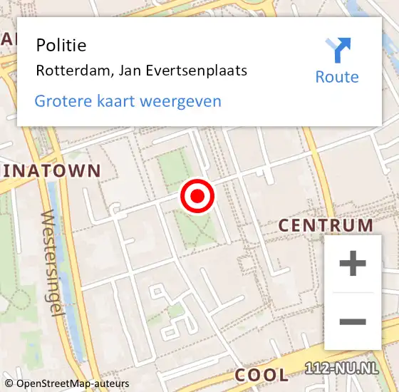 Locatie op kaart van de 112 melding: Politie Rotterdam, Jan Evertsenplaats op 2 maart 2024 19:43