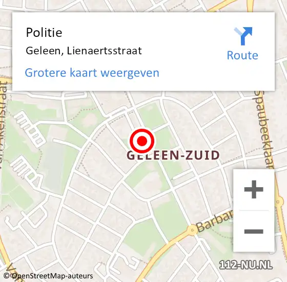 Locatie op kaart van de 112 melding: Politie Geleen, Lienaertsstraat op 2 maart 2024 20:36