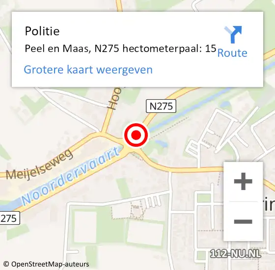 Locatie op kaart van de 112 melding: Politie Peel en Maas, N275 hectometerpaal: 15 op 3 maart 2024 08:28