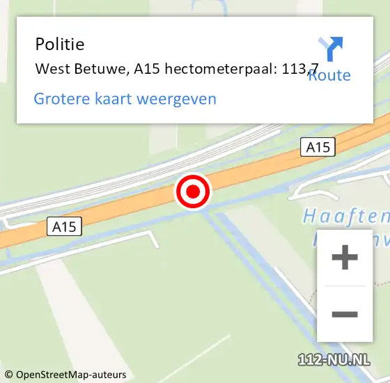 Locatie op kaart van de 112 melding: Politie West Betuwe, A15 hectometerpaal: 113,7 op 3 maart 2024 10:49