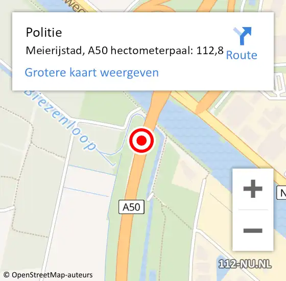 Locatie op kaart van de 112 melding: Politie Meierijstad, A50 hectometerpaal: 112,8 op 3 maart 2024 11:38