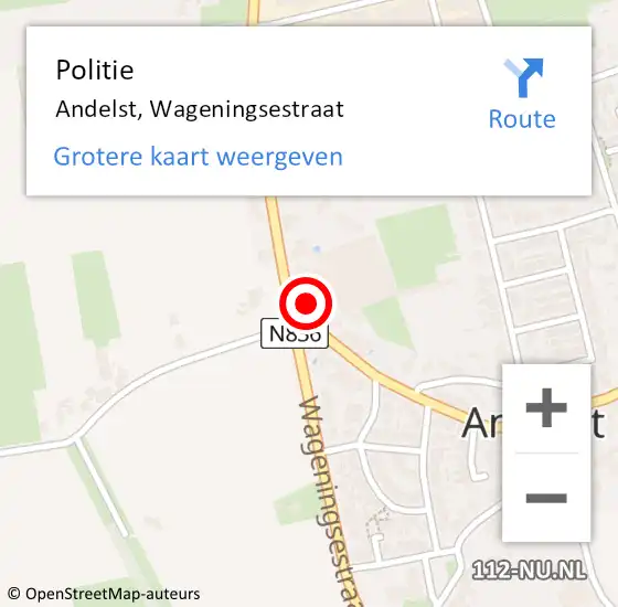Locatie op kaart van de 112 melding: Politie Andelst, Wageningsestraat op 3 maart 2024 14:00