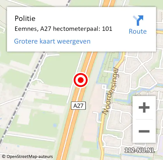 Locatie op kaart van de 112 melding: Politie Eemnes, A27 hectometerpaal: 101 op 3 maart 2024 14:21