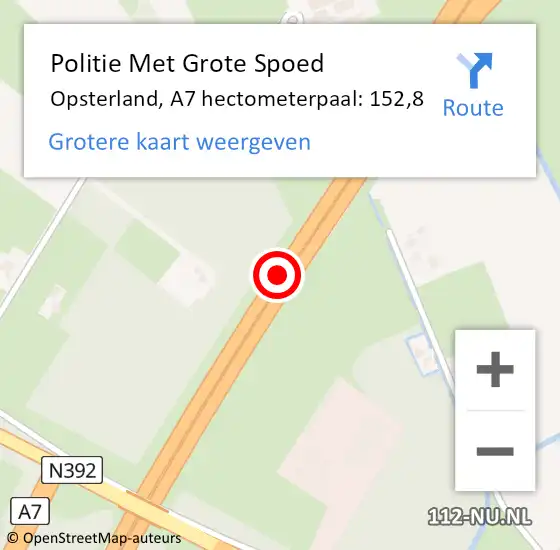 Locatie op kaart van de 112 melding: Politie Met Grote Spoed Naar Opsterland, A7 hectometerpaal: 152,8 op 4 maart 2024 00:45