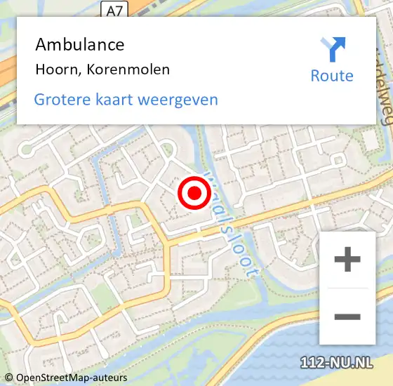 Locatie op kaart van de 112 melding: Ambulance Hoorn, Korenmolen op 4 maart 2024 03:48