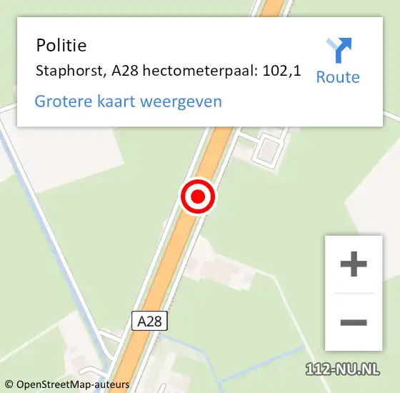 Locatie op kaart van de 112 melding: Politie Staphorst, A28 hectometerpaal: 102,1 op 4 maart 2024 08:06