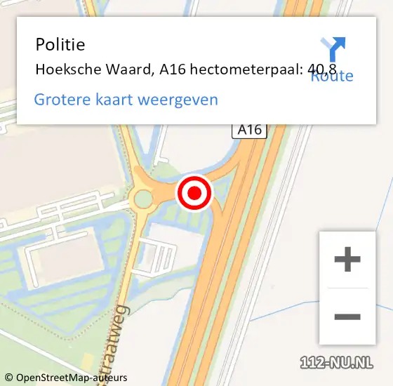 Locatie op kaart van de 112 melding: Politie Hoeksche Waard, A16 hectometerpaal: 40,8 op 4 maart 2024 15:42