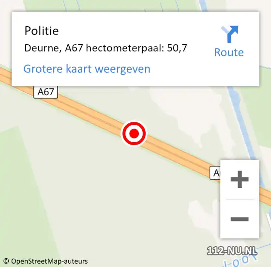 Locatie op kaart van de 112 melding: Politie Deurne, A67 hectometerpaal: 50,7 op 4 maart 2024 16:58