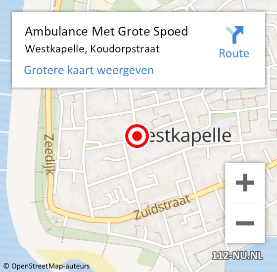 Locatie op kaart van de 112 melding: Ambulance Met Grote Spoed Naar Westkapelle, Koudorpstraat op 28 september 2014 03:06