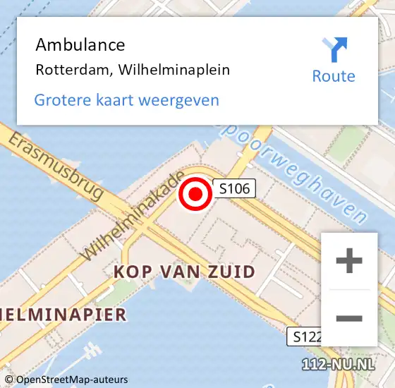 Locatie op kaart van de 112 melding: Ambulance Rotterdam, Wilhelminaplein op 5 maart 2024 09:22