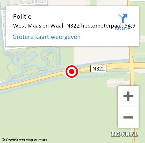 Locatie op kaart van de 112 melding: Politie West Maas en Waal, N322 hectometerpaal: 54,9 op 5 maart 2024 11:05