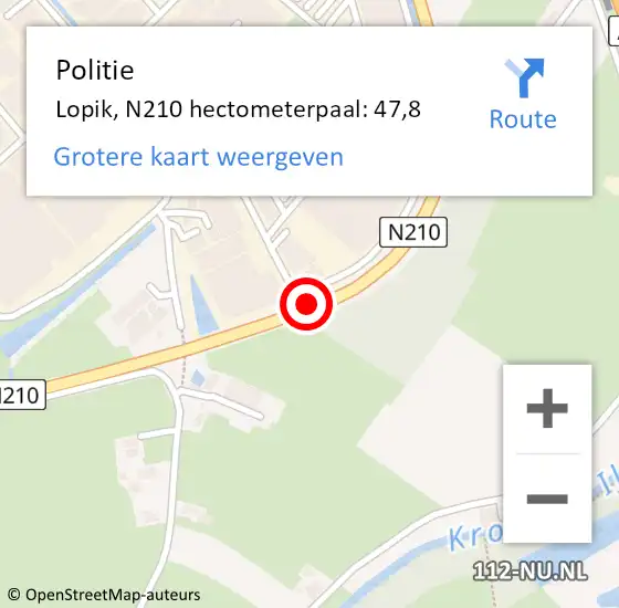 Locatie op kaart van de 112 melding: Politie Lopik, N210 hectometerpaal: 47,8 op 5 maart 2024 17:32