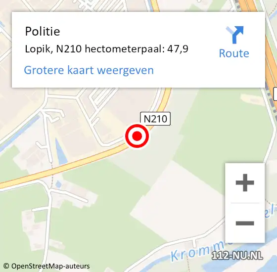 Locatie op kaart van de 112 melding: Politie Lopik, N210 hectometerpaal: 47,9 op 5 maart 2024 17:33