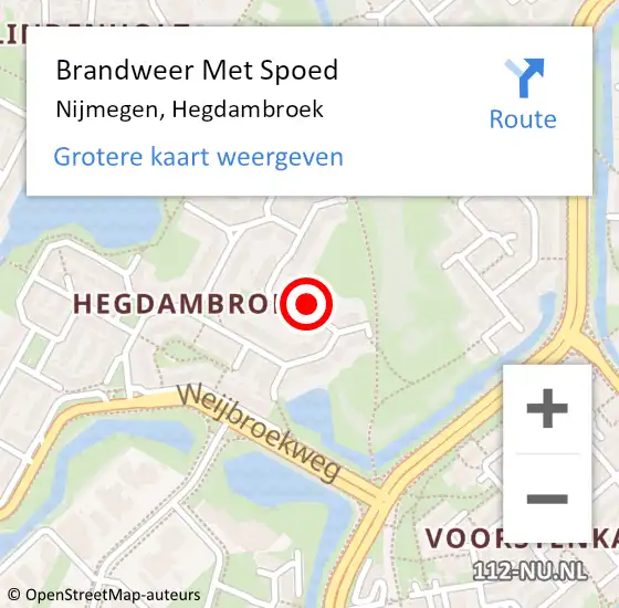 Locatie op kaart van de 112 melding: Brandweer Met Spoed Naar Nijmegen, Hegdambroek op 5 maart 2024 21:09