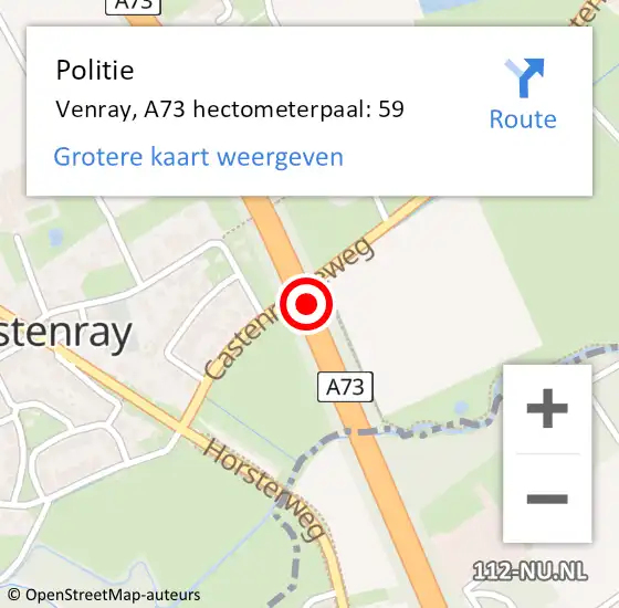 Locatie op kaart van de 112 melding: Politie Venray, A73 hectometerpaal: 59 op 6 maart 2024 11:57