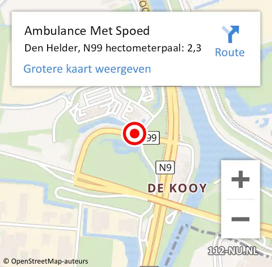Locatie op kaart van de 112 melding: Ambulance Met Spoed Naar Den Helder, N99 hectometerpaal: 2,3 op 6 maart 2024 12:16