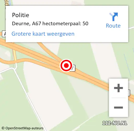 Locatie op kaart van de 112 melding: Politie Deurne, A67 hectometerpaal: 50 op 6 maart 2024 15:49