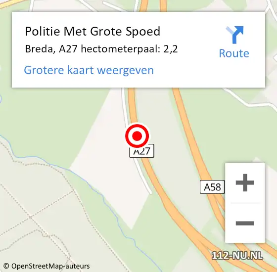 Locatie op kaart van de 112 melding: Politie Met Grote Spoed Naar Breda, A27 hectometerpaal: 2,2 op 6 maart 2024 18:18