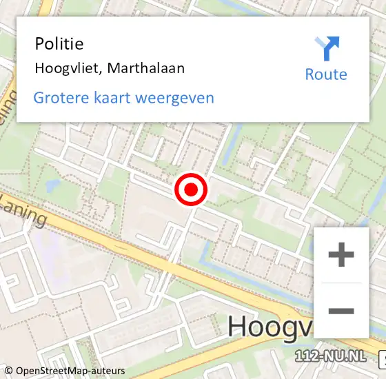 Locatie op kaart van de 112 melding: Politie Hoogvliet, Marthalaan op 6 maart 2024 18:30