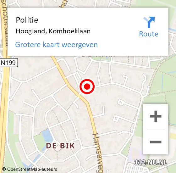 Locatie op kaart van de 112 melding: Politie Hoogland, Komhoeklaan op 7 maart 2024 01:20