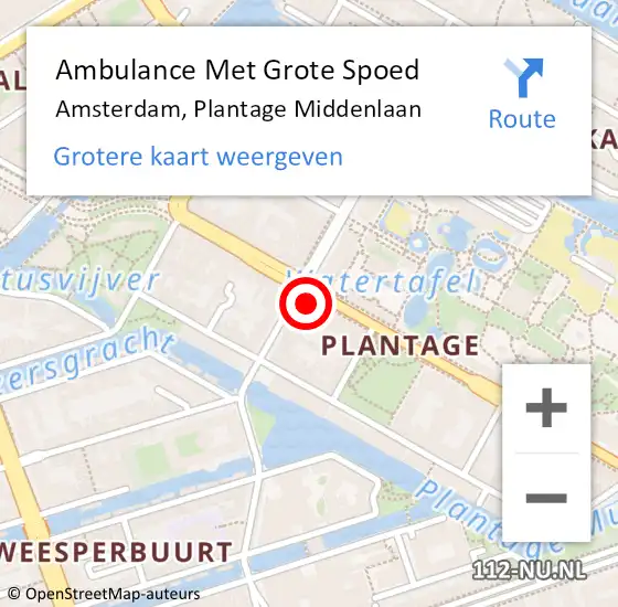 Locatie op kaart van de 112 melding: Ambulance Met Grote Spoed Naar Amsterdam, Plantage Middenlaan op 7 maart 2024 12:10