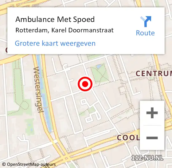 Locatie op kaart van de 112 melding: Ambulance Met Spoed Naar Rotterdam, Karel Doormanstraat op 7 maart 2024 16:02