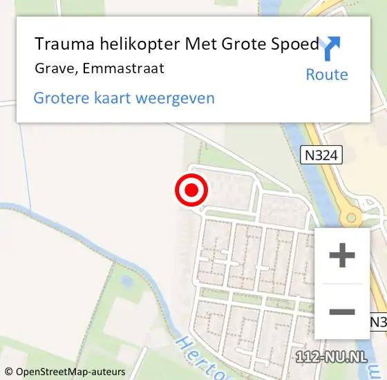Locatie op kaart van de 112 melding: Trauma helikopter Met Grote Spoed Naar Grave, Emmastraat op 7 maart 2024 16:50