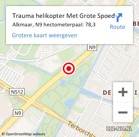 Locatie op kaart van de 112 melding: Trauma helikopter Met Grote Spoed Naar Alkmaar, N9 hectometerpaal: 78,3 op 7 maart 2024 22:59