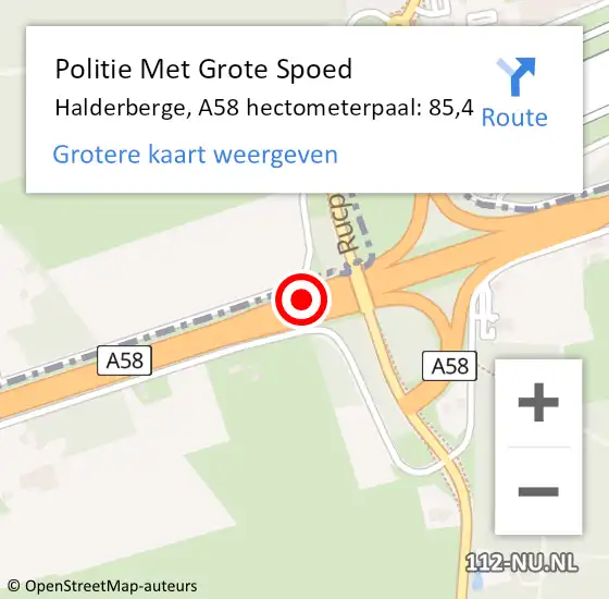 Locatie op kaart van de 112 melding: Politie Met Grote Spoed Naar Halderberge, A58 hectometerpaal: 85,4 op 8 maart 2024 07:38