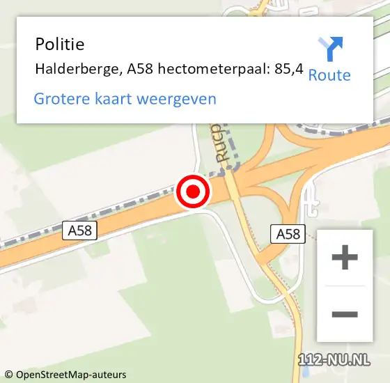 Locatie op kaart van de 112 melding: Politie Halderberge, A58 hectometerpaal: 85,4 op 8 maart 2024 07:38