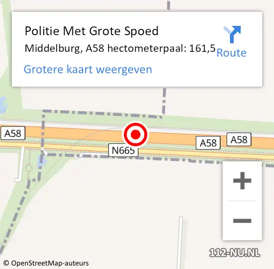 Locatie op kaart van de 112 melding: Politie Met Grote Spoed Naar Middelburg, A58 hectometerpaal: 161,5 op 8 maart 2024 09:11