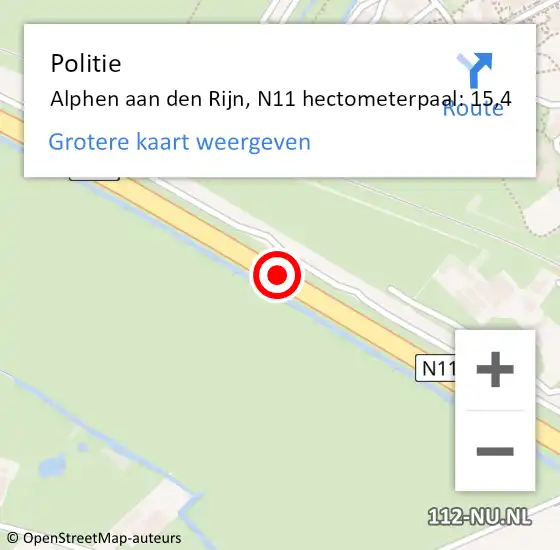 Locatie op kaart van de 112 melding: Politie Alphen aan den Rijn, N11 hectometerpaal: 15,4 op 8 maart 2024 16:27