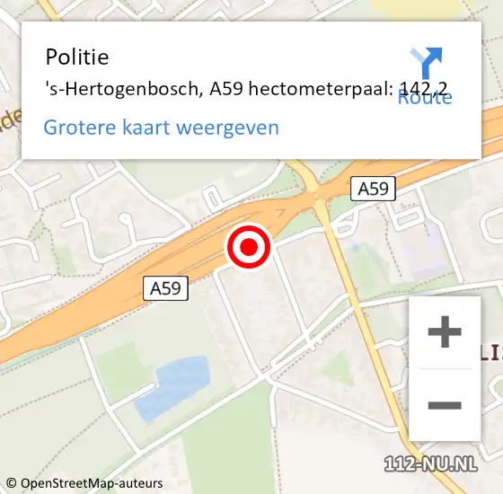 Locatie op kaart van de 112 melding: Politie 's-Hertogenbosch, A59 hectometerpaal: 142,2 op 8 maart 2024 16:53