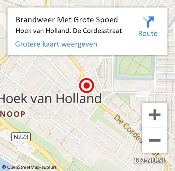 Locatie op kaart van de 112 melding: Brandweer Met Grote Spoed Naar Hoek van Holland, De Cordesstraat op 8 maart 2024 18:19