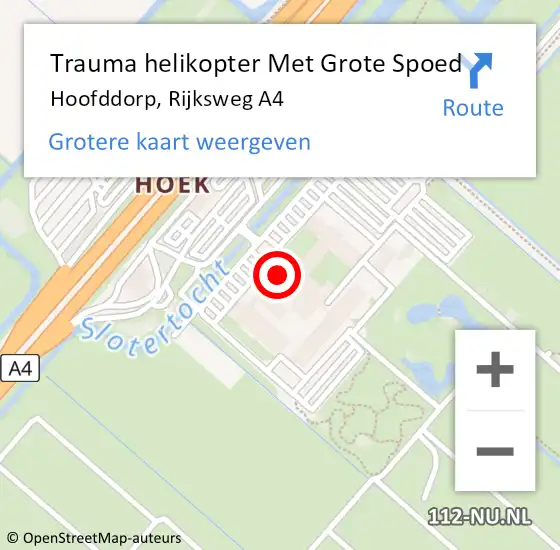 Locatie op kaart van de 112 melding: Trauma helikopter Met Grote Spoed Naar Hoofddorp, Rijksweg A4 op 8 maart 2024 20:28
