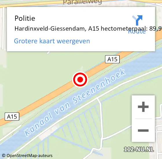 Locatie op kaart van de 112 melding: Politie Hardinxveld-Giessendam, A15 hectometerpaal: 89,9 op 9 maart 2024 00:49