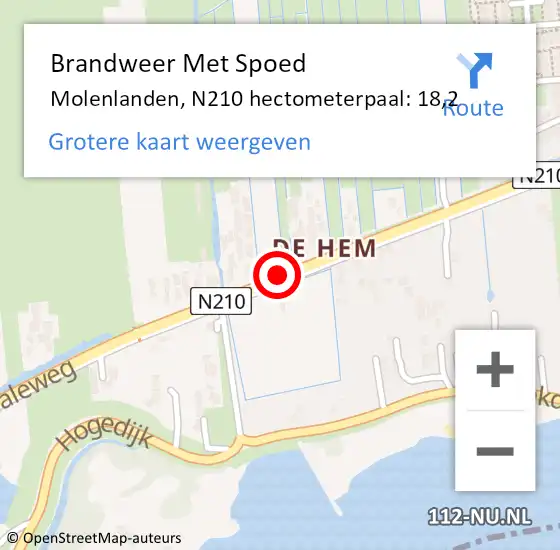 Locatie op kaart van de 112 melding: Brandweer Met Spoed Naar Molenlanden, N210 hectometerpaal: 18,2 op 9 maart 2024 19:00
