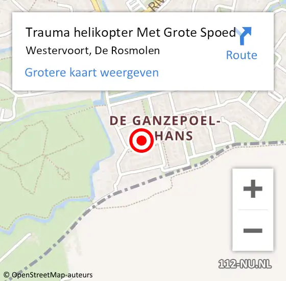 Locatie op kaart van de 112 melding: Trauma helikopter Met Grote Spoed Naar Westervoort, De Rosmolen op 10 maart 2024 13:20