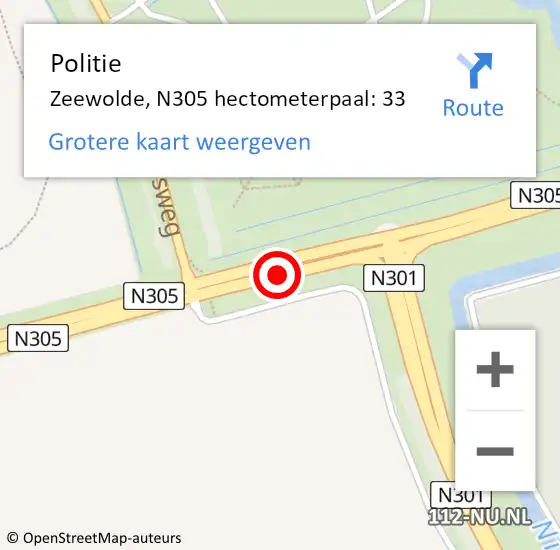 Locatie op kaart van de 112 melding: Politie Zeewolde, N305 hectometerpaal: 33 op 10 maart 2024 15:18