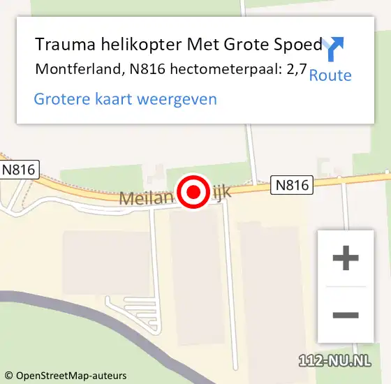 Locatie op kaart van de 112 melding: Trauma helikopter Met Grote Spoed Naar Montferland, N816 hectometerpaal: 2,7 op 10 maart 2024 16:12