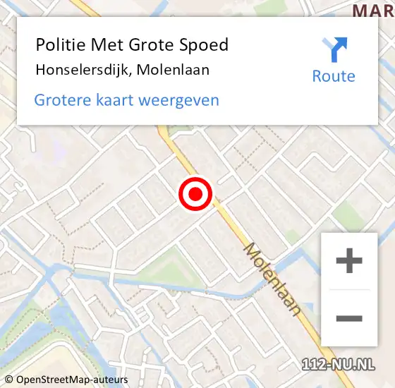 Locatie op kaart van de 112 melding: Politie Met Grote Spoed Naar Honselersdijk, Molenlaan op 10 maart 2024 19:29