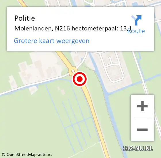 Locatie op kaart van de 112 melding: Politie Molenlanden, N216 hectometerpaal: 13,1 op 10 maart 2024 20:59