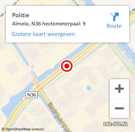 Locatie op kaart van de 112 melding: Politie Almelo, N36 hectometerpaal: 9 op 11 maart 2024 09:22