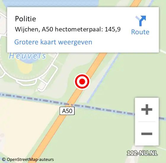 Locatie op kaart van de 112 melding: Politie Wijchen, A50 hectometerpaal: 145,9 op 11 maart 2024 09:33