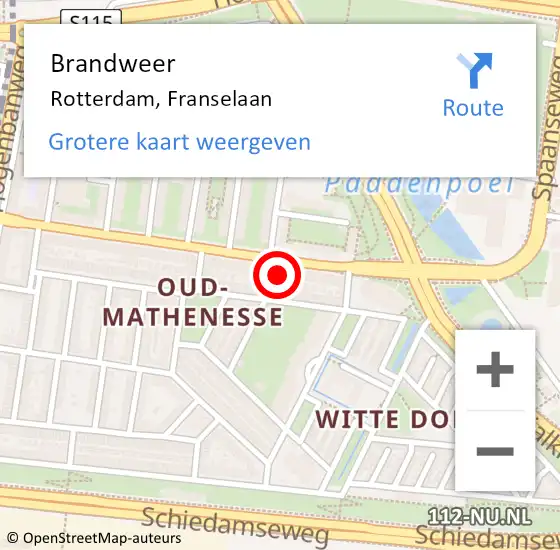 Locatie op kaart van de 112 melding: Brandweer Rotterdam, Franselaan op 11 maart 2024 10:31
