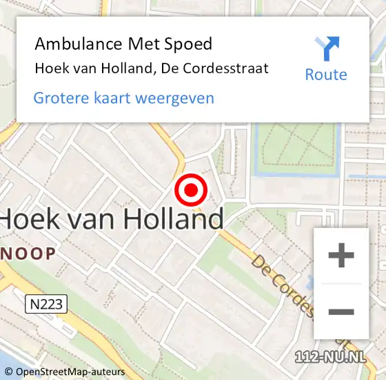Locatie op kaart van de 112 melding: Ambulance Met Spoed Naar Hoek van Holland, De Cordesstraat op 11 maart 2024 12:19