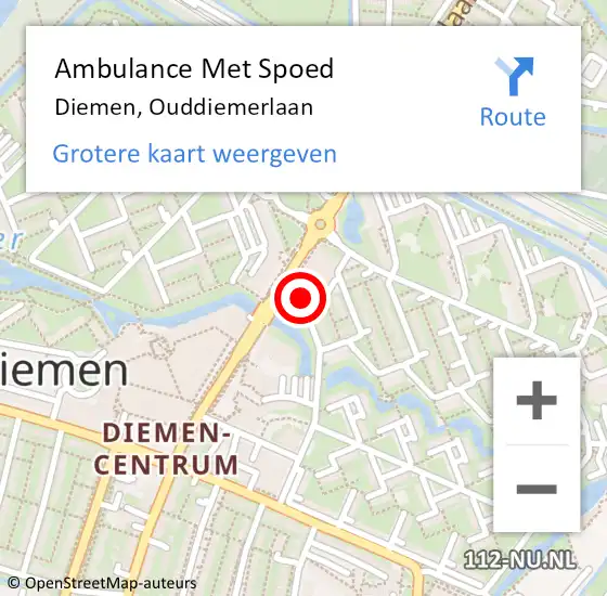 Locatie op kaart van de 112 melding: Ambulance Met Spoed Naar Diemen, Ouddiemerlaan op 11 maart 2024 12:49