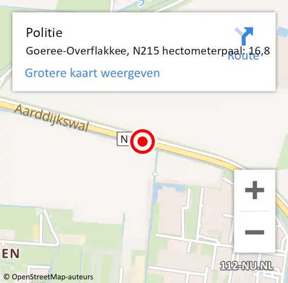 Locatie op kaart van de 112 melding: Politie Goeree-Overflakkee, N215 hectometerpaal: 16,8 op 11 maart 2024 19:22
