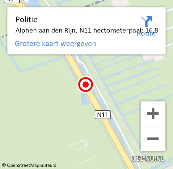 Locatie op kaart van de 112 melding: Politie Alphen aan den Rijn, N11 hectometerpaal: 16,8 op 11 maart 2024 19:24