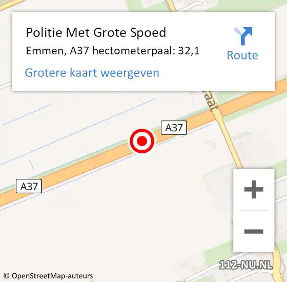 Locatie op kaart van de 112 melding: Politie Met Grote Spoed Naar Emmen, A37 hectometerpaal: 32,1 op 11 maart 2024 19:43